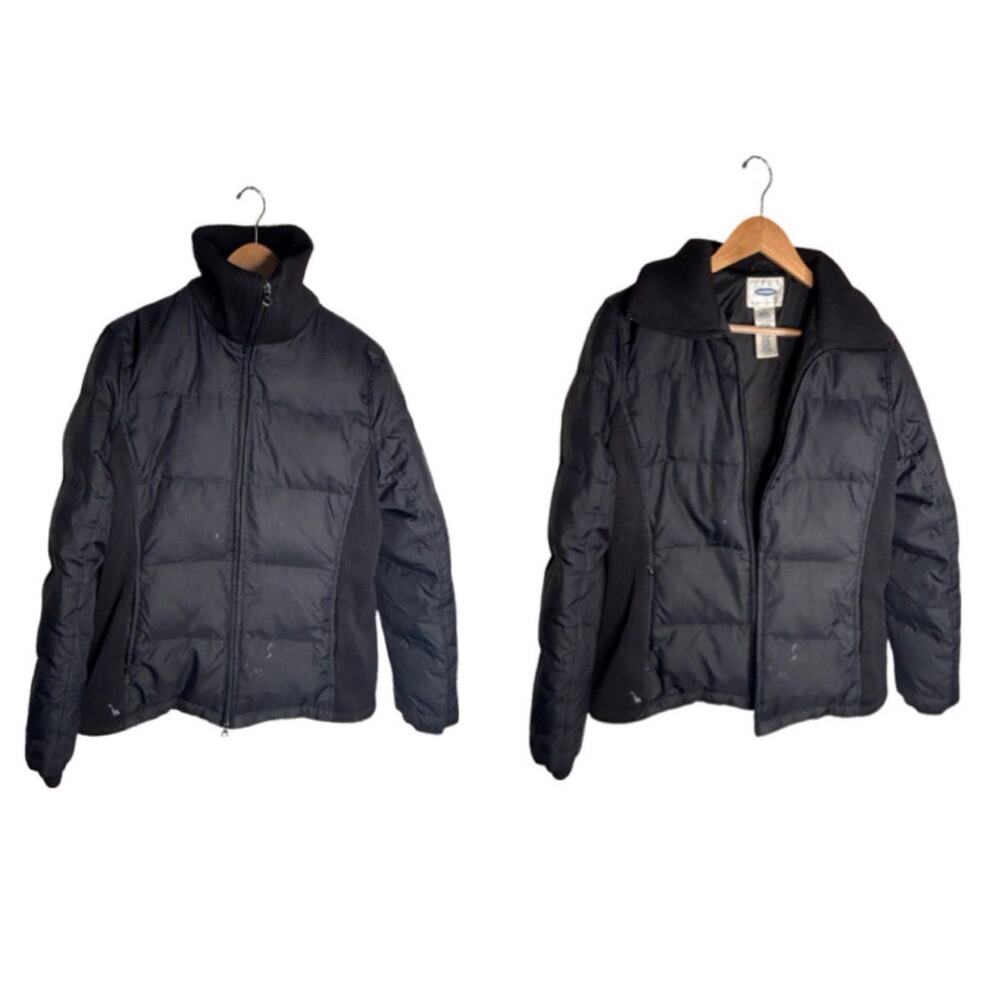 Old Navy Coat Size Medium Puffer Black Side Panels Vintage Down Feather FLAWED
